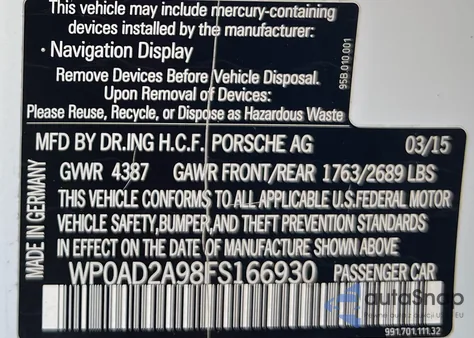 2015 Porsche 911 Turbo S from USA, damaged, VIN WP0AD2A98FS166930